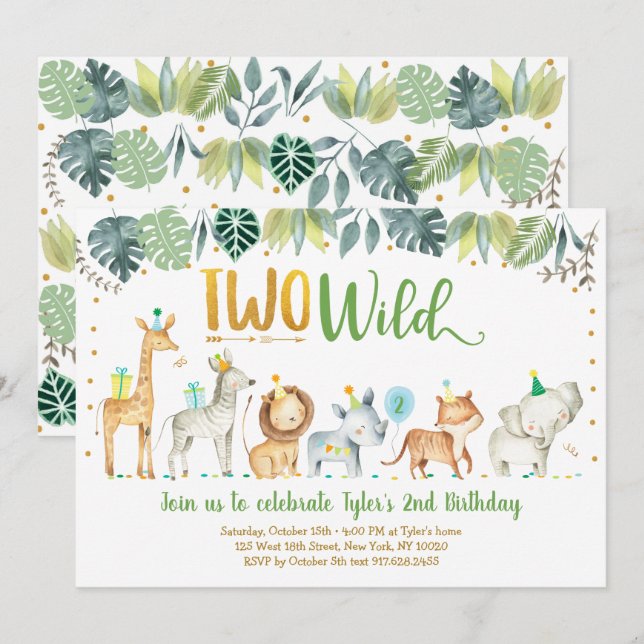Two Wild Safari Jungle Birthday Invitation (Front/Back)