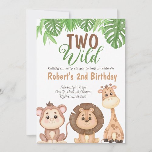 Two Wild Safari Lion Giraffe Birthday Invitation 