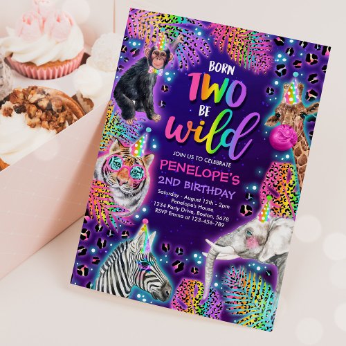 Two Wild Safari Neon Rainbow Cheetah Birthday Invitation