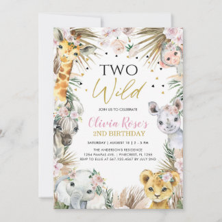 TWO WILD Safari Pampas Grass Animals 2nd Birthday Invitation