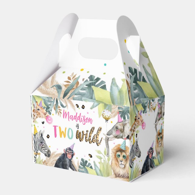 Two Wild Safari Party Animals Girl 2nd Birthday Favor Boxes (Front Side)