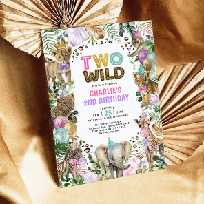 Two Wild Safari Party Animals Girl 2nd Birthday Invitation