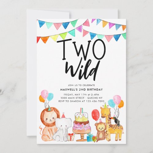 TWO WILD Safari Party Animals Kids 2nd Birthday Invitation