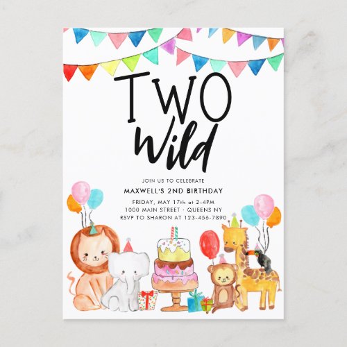 TWO WILD Safari Party Animals Kids 2nd Birthday Postcard