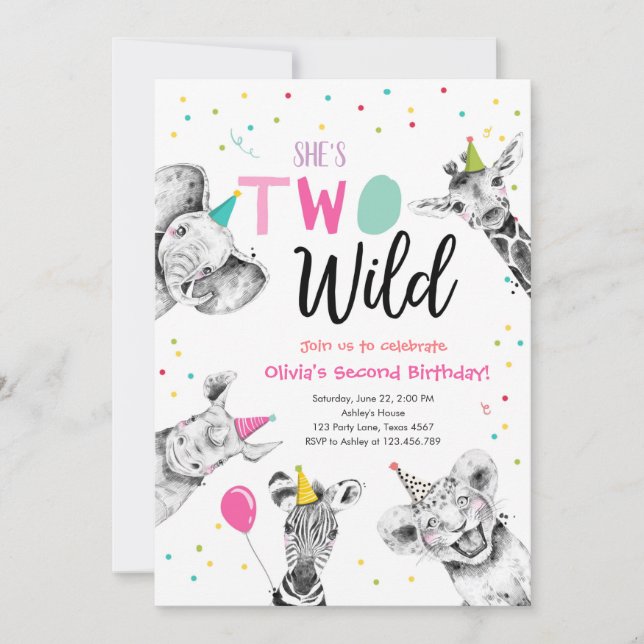 Two Wild Safari Party Animals Second Birthday Invitation (Front)