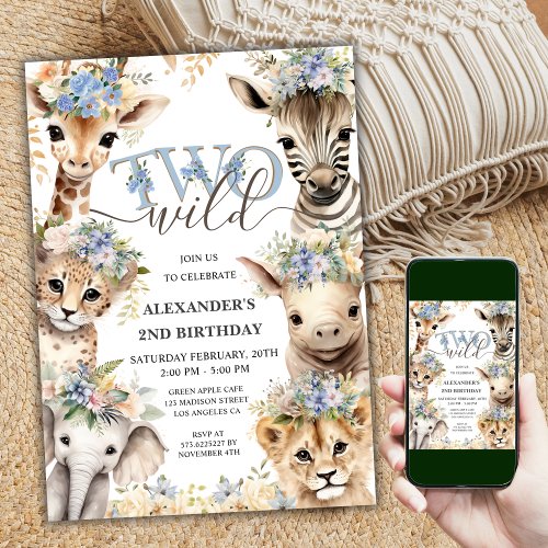 TWO Wild Safari Party  Boy 2nd Birthday Invitation