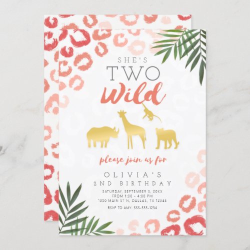 Two Wild Safari Pink and Gold 2nd Birthday Invitation