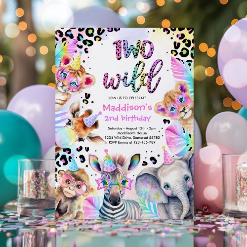 Two Wild Safari Pink Girl Leopard Birthday Party Invitation