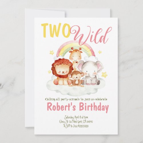 Two Wild Safari Rainbow Birthday Invitation 
