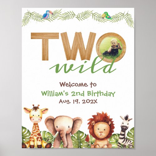 Two Wild Safari Welcome Photo Wood 2nd Birthday  Poster
