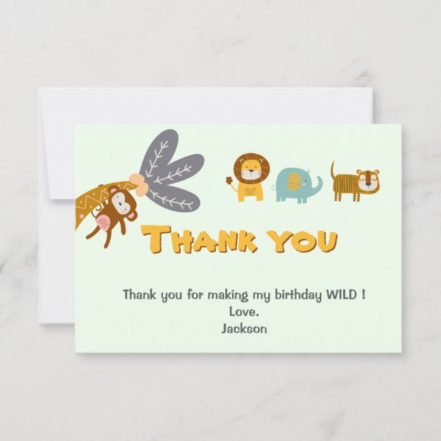 Two Wild Second Birthday Cute Safari Animals Thank You Card (Front)