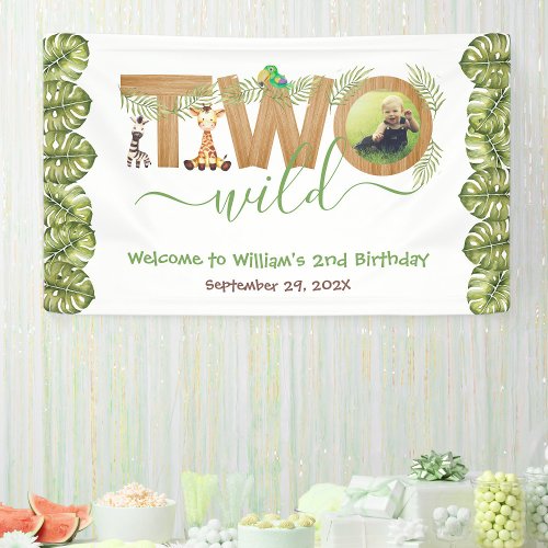 Two Wild Second Birthday Safari Animals Photo Wood Banner