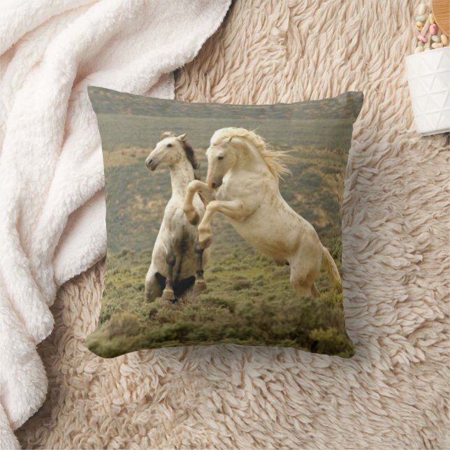 Two Wild Stallions Fight Throw Pillow (Blanket)