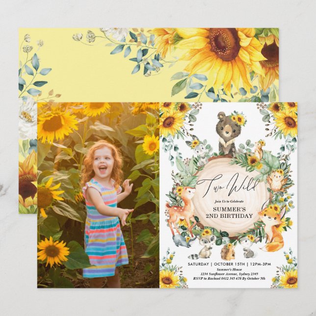 Two Wild | Sunflower Woodland Forest 2nd Birthday Invitation (Front/Back)