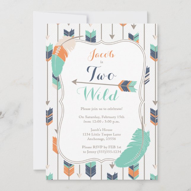 TWO Wild Tribal Arrows Birthday Party Blue Green Invitation (Front)