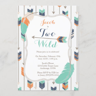TWO Wild Tribal Arrows Birthday Party Blue Green Invitation