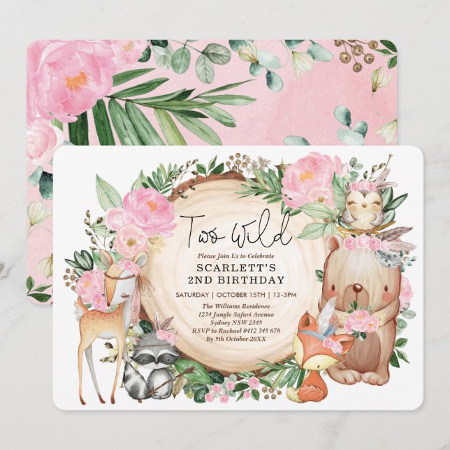 Two Wild Tribal Woodland Girl 2nd Birthday Party Invitation (Front/Back)
