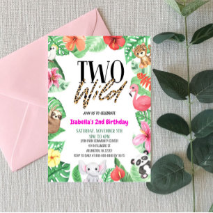 Two Wild Tropical Animal 2nd Birthday Party Invitation