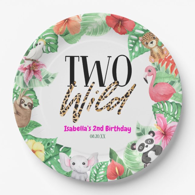 Two Wild Tropical Animal 2nd Birthday Party Paper Plates (Front)