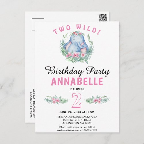 Two Wild Tropical Elephant Pink Birthday Invite