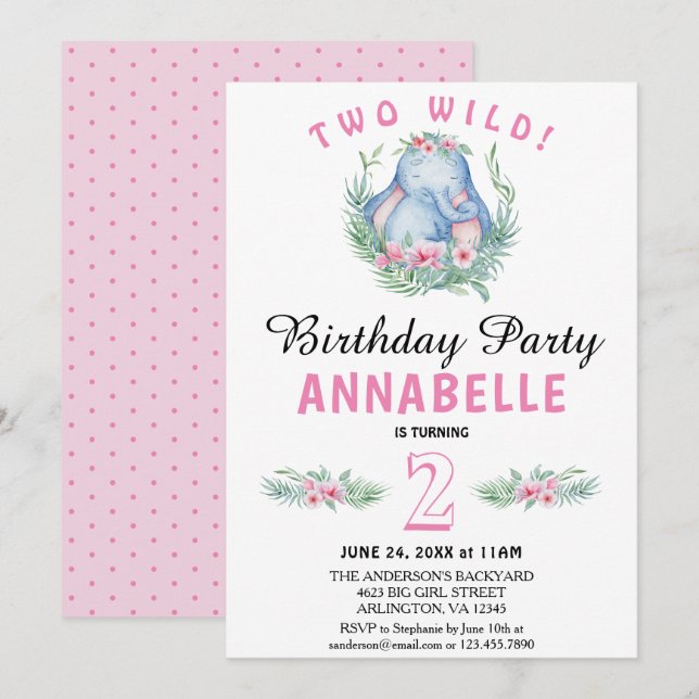 Two Wild Tropical Elephant Pink Birthday Party Invitation (Front/Back)