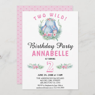Two Wild Tropical Elephant Pink Birthday Party Invitation