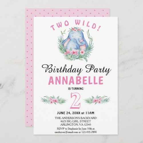 Two Wild Tropical Elephant Pink Birthday Party Invitation