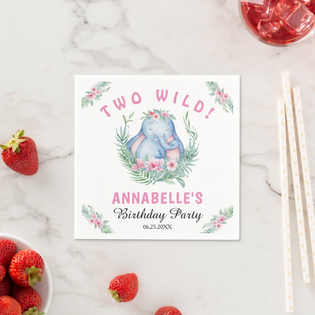 Two Wild Tropical Elephant Pink Birthday Party Nap Napkins (Insitu)
