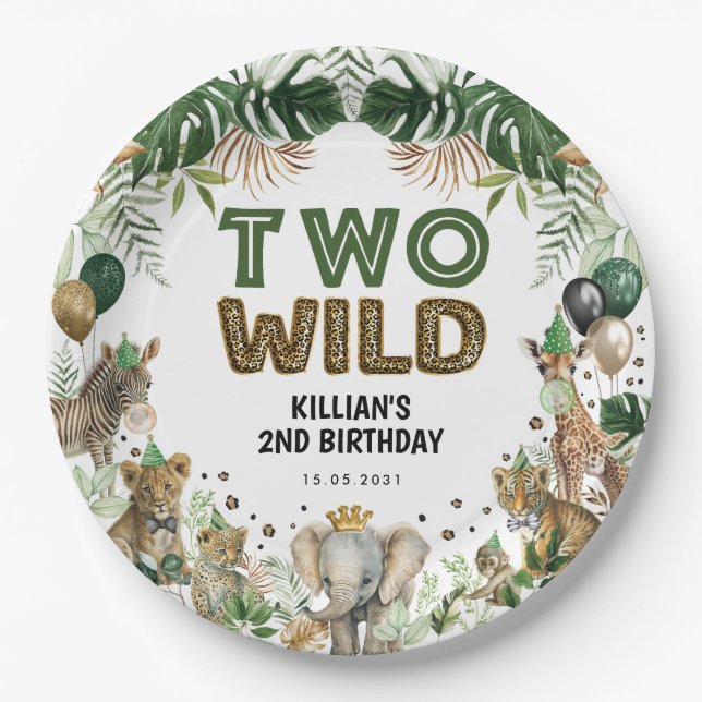 Two Wild Tropical Jungle Safari Animals Birthday Paper Plates (Front)