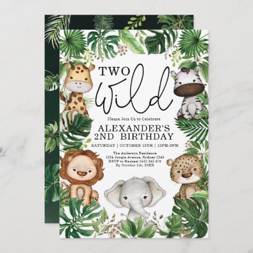 Two Wild Tropical Safari Animals 2nd Birthday Boy Invitation