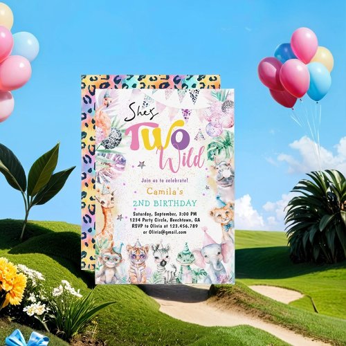 Two Wild Tropical Safari Animals Girl Birthday Invitation