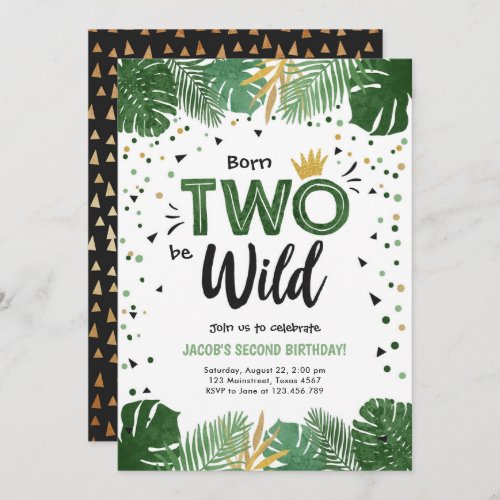 Two Wild Tropical Safari Gold Boy Second Birthday Invitation