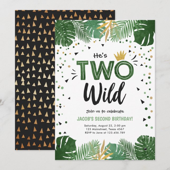 Two Wild Tropical Safari Gold Boy Second Birthday Invitation (Front/Back)