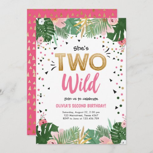 Two Wild Tropical Safari Gold Girl Second Birthday Invitation