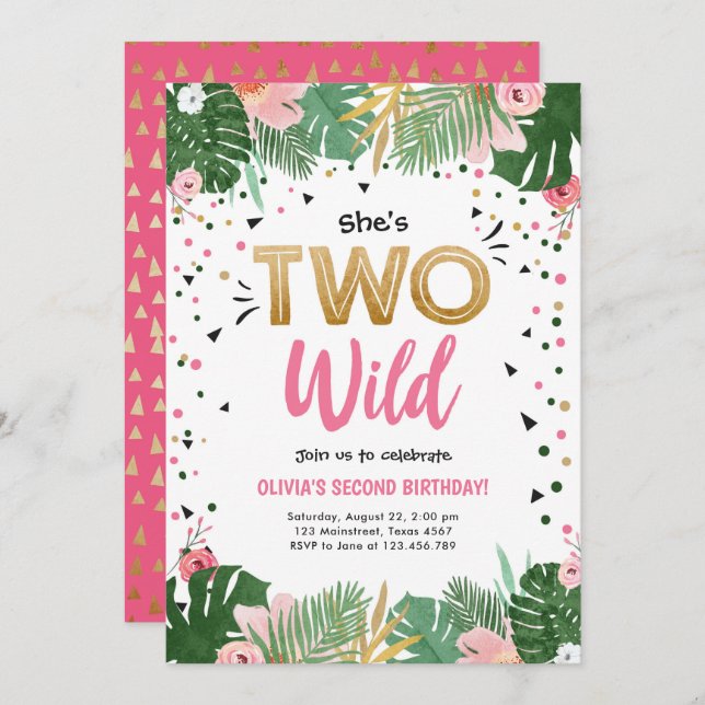 Two Wild Tropical Safari Gold Girl Second Birthday Invitation (Front/Back)