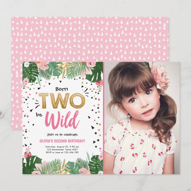 Two Wild Tropical Safari Gold Girl Second Birthday Invitation (Front/Back)