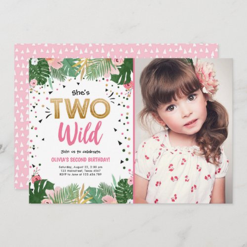 Two Wild Tropical Safari Gold Girl Second Birthday Invitation