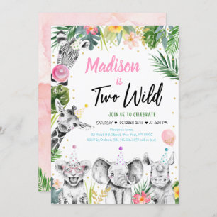 Two Wild Tropical Safari Jungle Girl Birthday Invitation