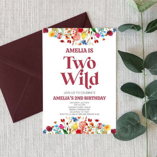 Two Wild Wildflower Second 2nd Birthday Party Invitation