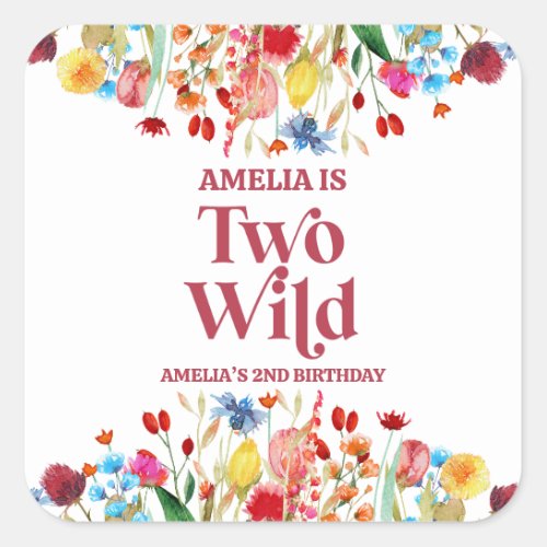 Two Wild Wildflower Second 2nd Birthday Party Square Sticker