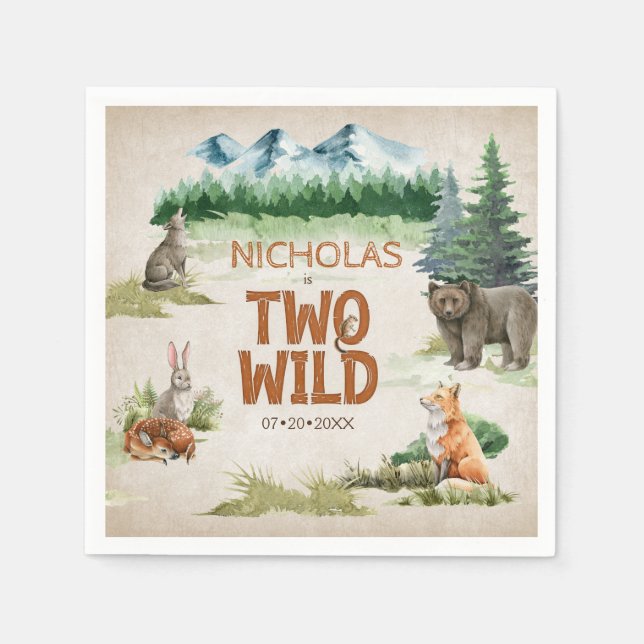 Two Wild Woodland Animal 2nd Birthday Party Napkins (Front)
