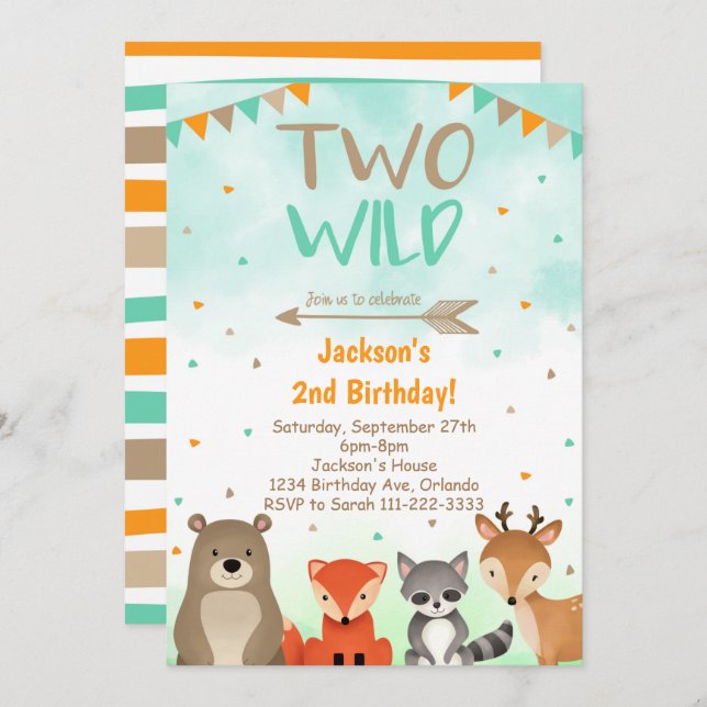 Two Wild Woodland Animals 2nd Birthday Invite (Front/Back)