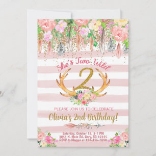 Two Wild woodland antlers girl birthday invite. Invitation