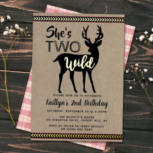 Two Wild Woodland Deer Girls 2nd Birthday Real Foil Invitation