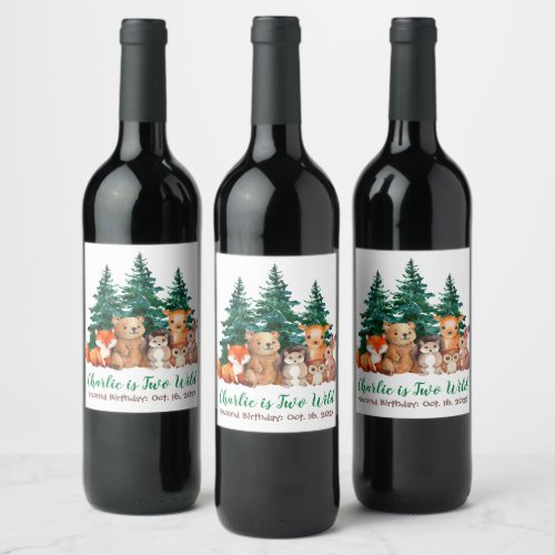 Two Wild Woodland  Forest Animals Second Birthday Wine Label