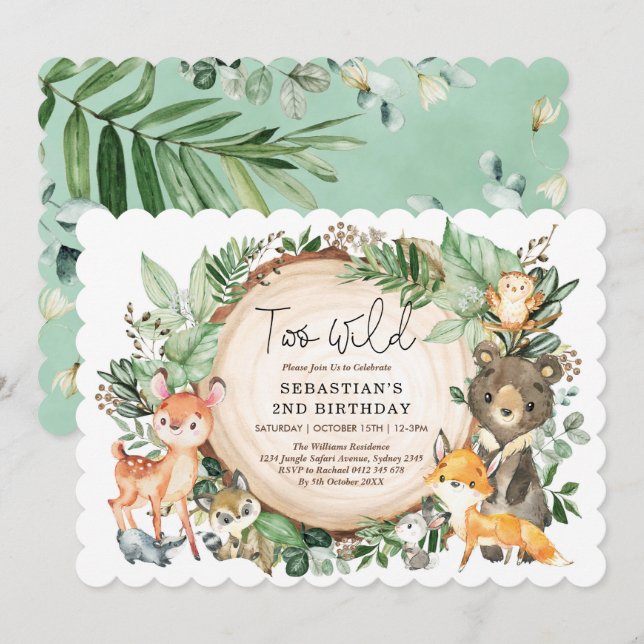 Two Wild Woodland Greenery Animals 2nd Birthday Invitation (Front/Back)