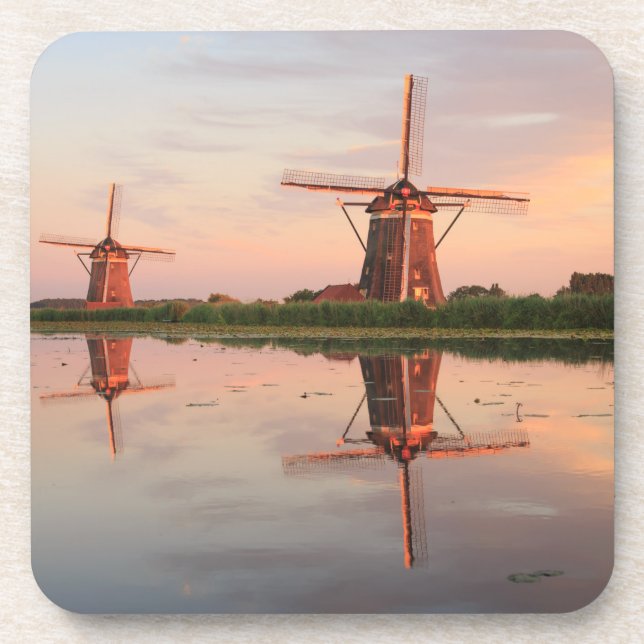 Two windmills with reflection at sunset beverage coaster (Front)