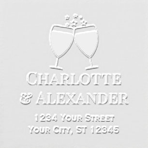 Two Wine Glasses With Stars Couple Names Address Embosser