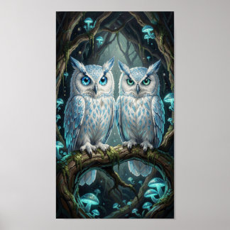 Two wise, ancient white blue owls poster