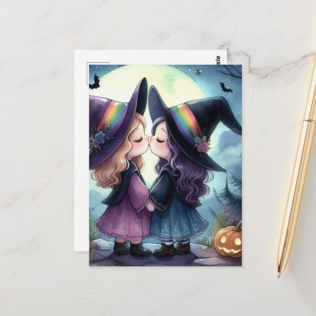 Two Witches Kiss Pride Series Watercolor Halloween Postcard (Front/Back In Situ)